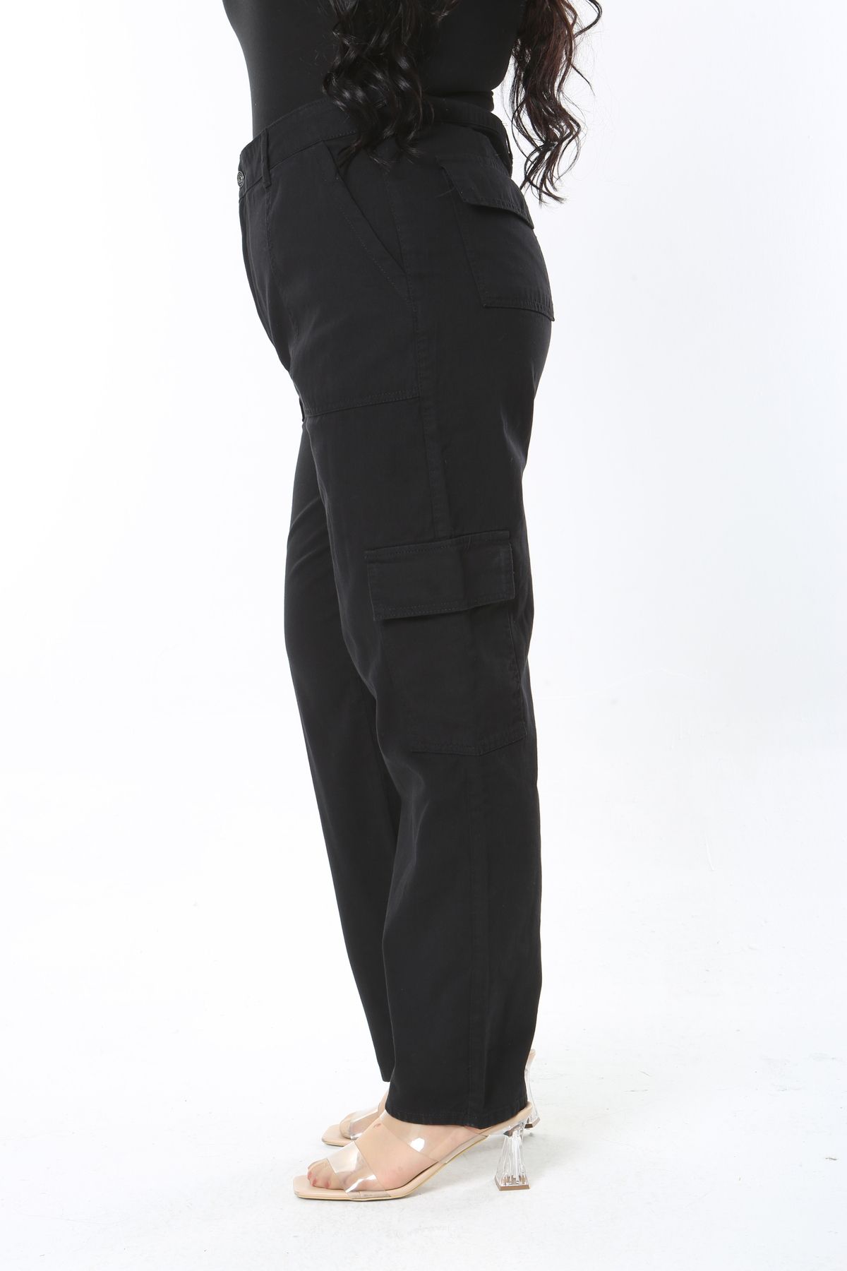 Şans-Women's Large Size Black Washed Gabardine Fabric High Waist Cargo Pocket Pants 65N38903 3