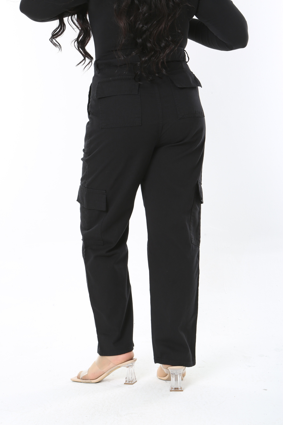 Şans-Women's Large Size Black Washed Gabardine Fabric High Waist Cargo Pocket Pants 65N38903 4