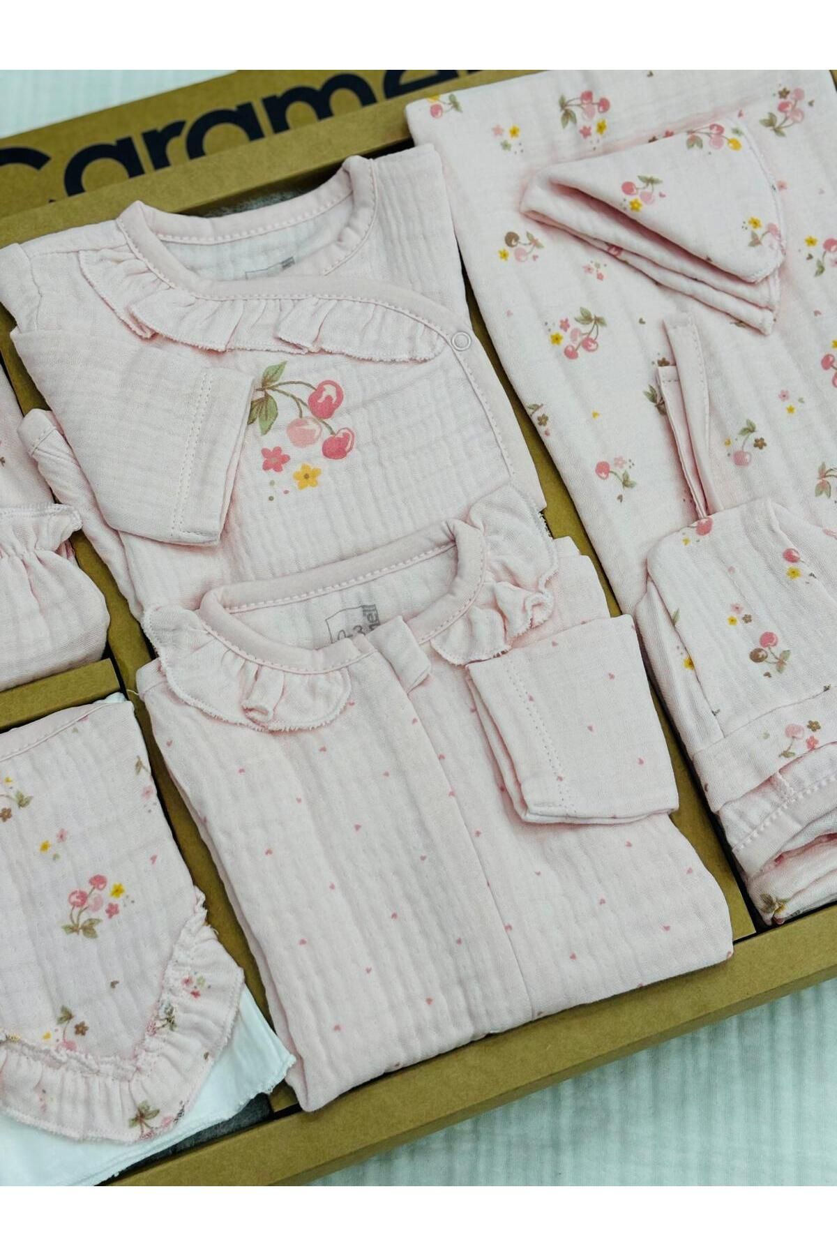 Caramell-Summer 10-Piece Muslin Cherry Pattern Hospital Release Bodysuit Set 2