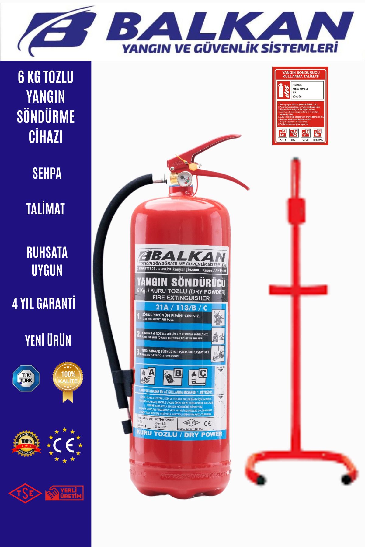 Balkan Ticaret 6 kg yangın söndürme cihazı +Sehpa+Talimat