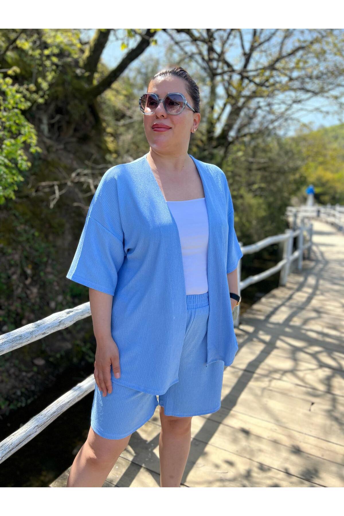 MJORA  Büyük Beden Kimono & Şort Örme Takım - Görsel 3