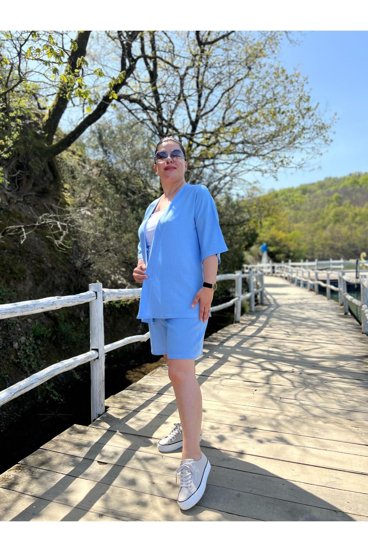 MJORA  Büyük Beden Kimono & Şort Örme Takım - Görsel 9