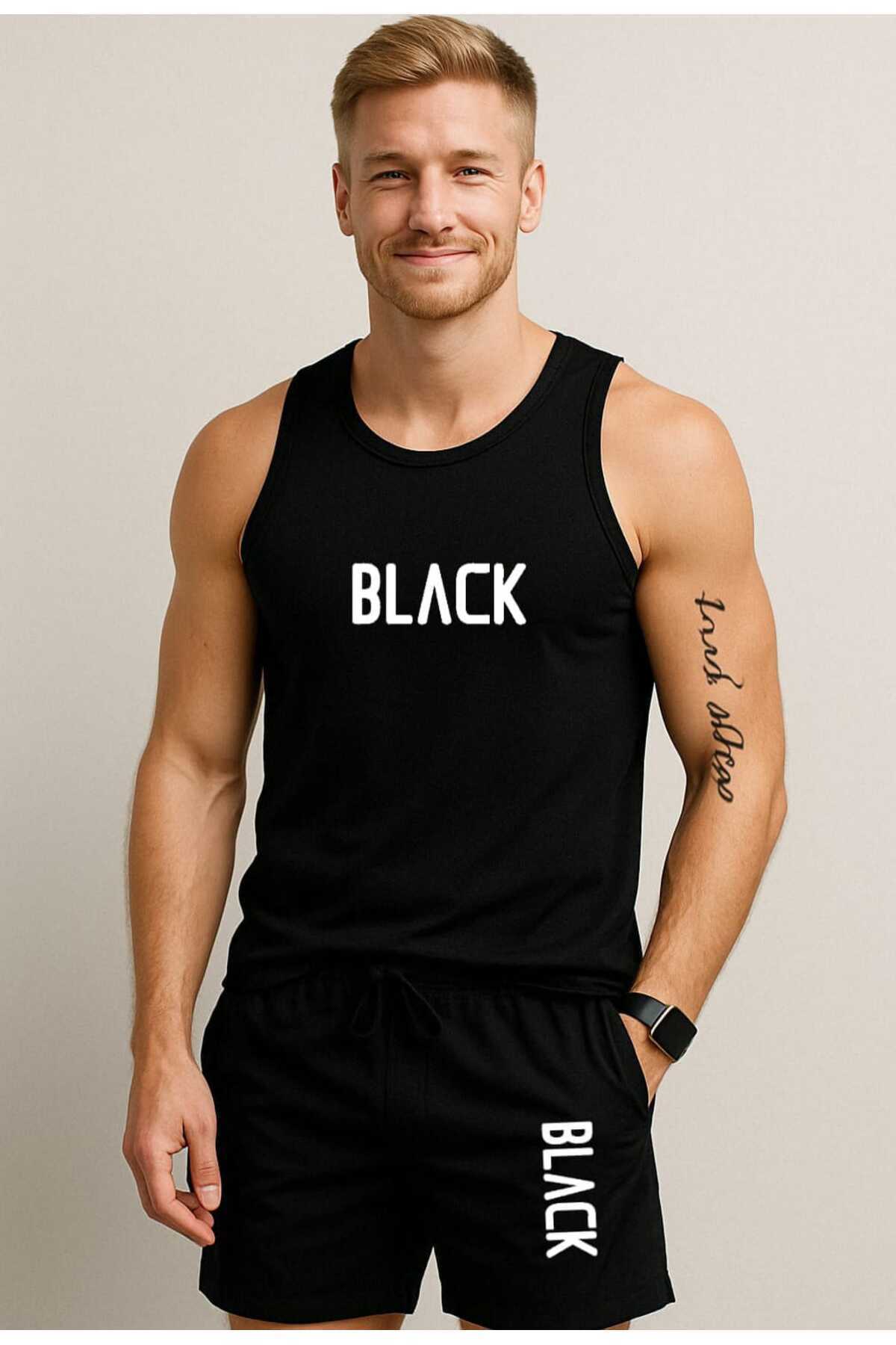 TREND ALİSSE 2li Takım Erkek Bermuda Şort Ve Atlet-cepli Black Baskılı Spor Şort-atlet