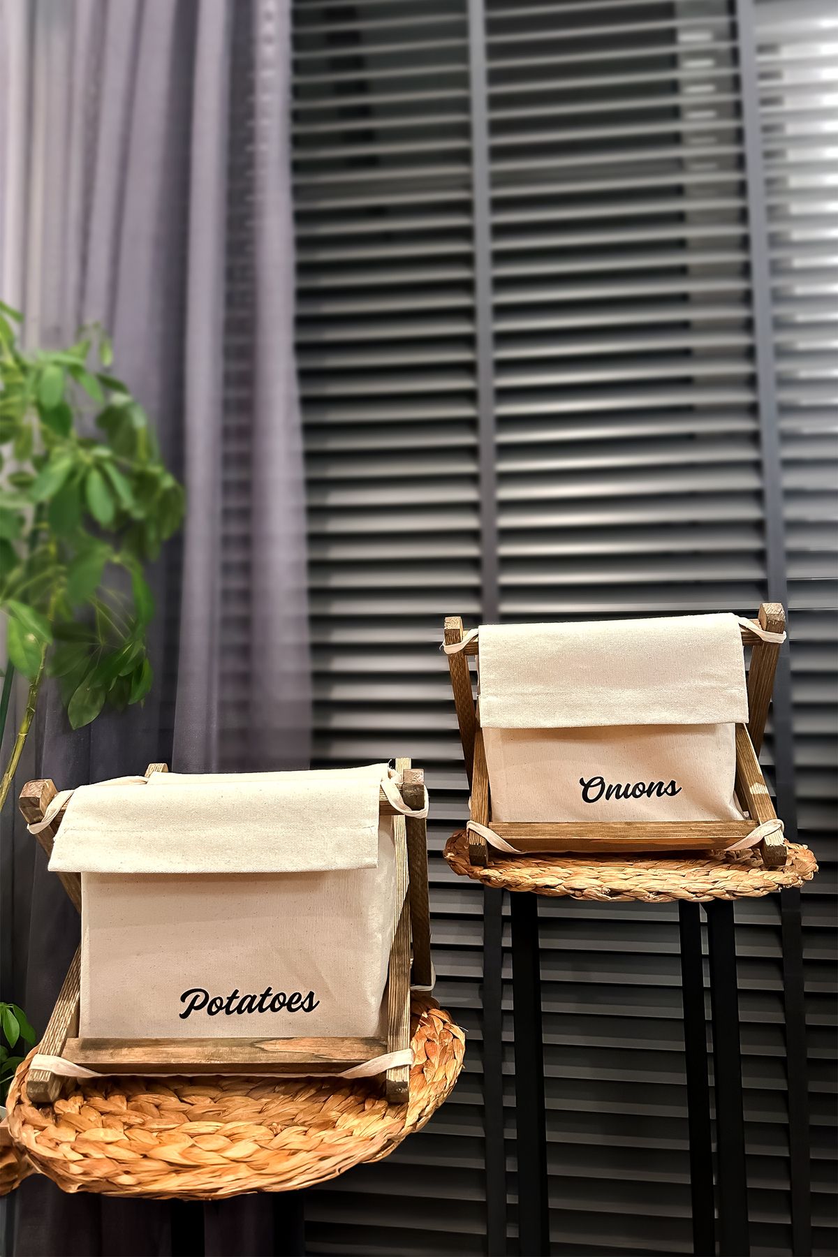 KendsHome Patates Soğanlık 2'li Set - Patates Soğan Sepeti - Ceviz Renk- Ahşap & Kanvas, 6 Kg Kapasiteli,