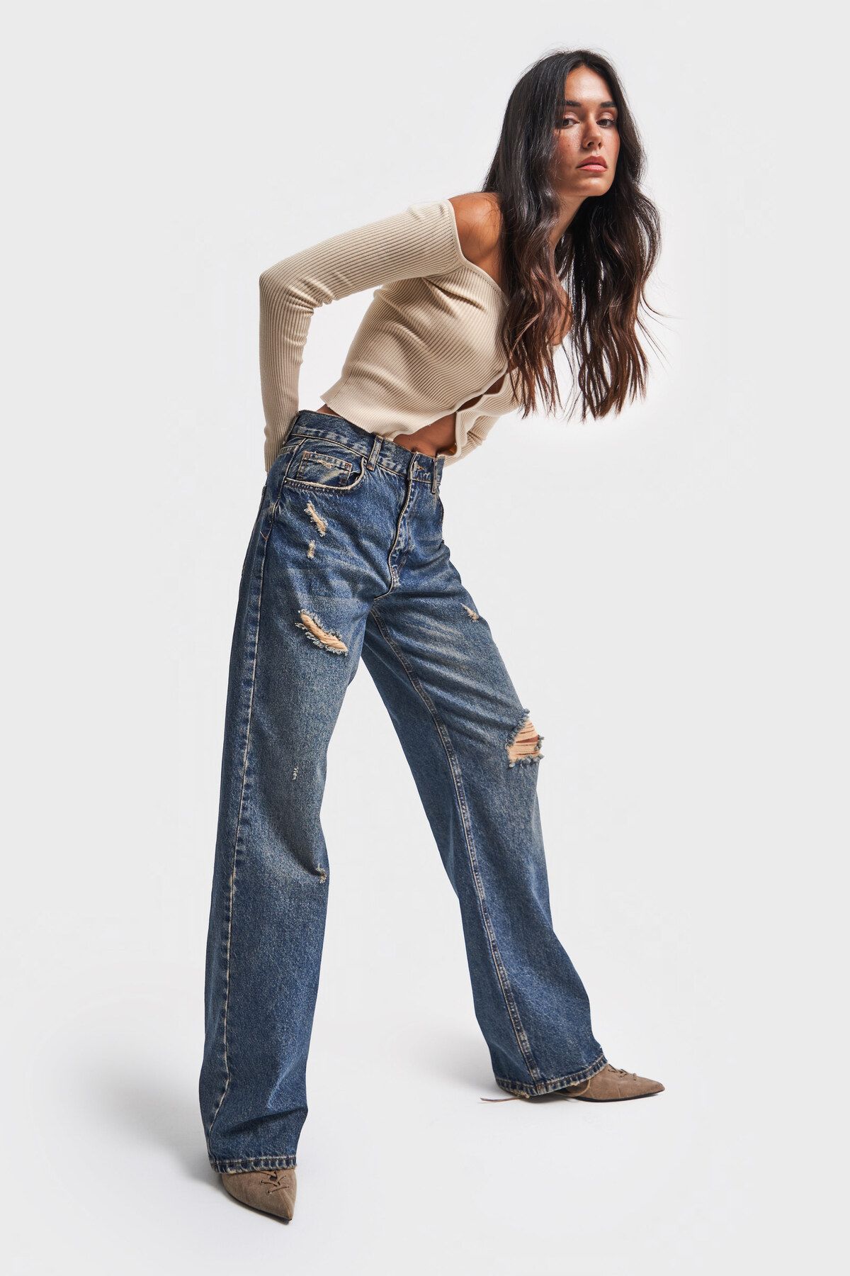 ZRG-Blugi de damă, culoare denim, detaliați rupti, largi, 100% bumbac 2