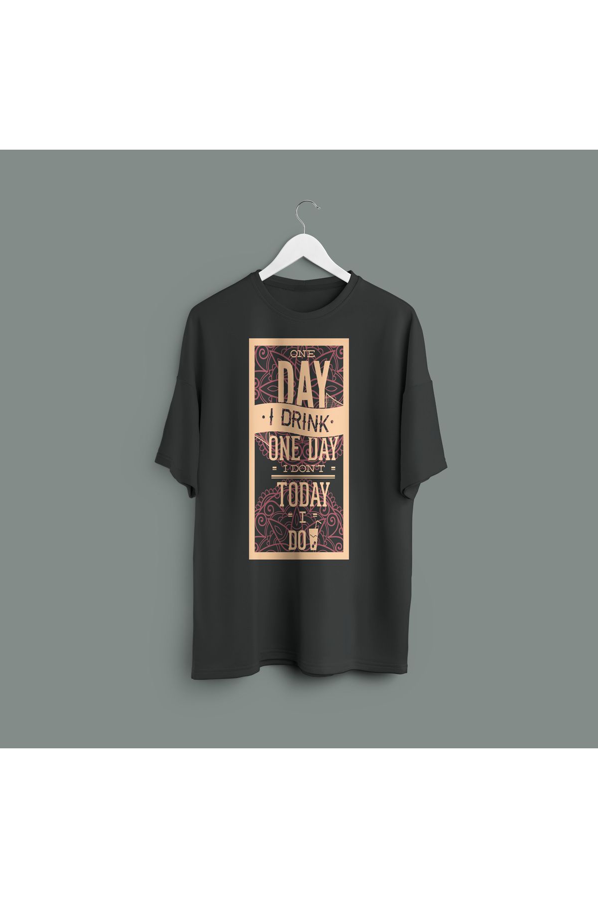 Zestia Unisex T-Shirt,One Day I Drink Baskılı,Regular, %100 Pamuk,Antrasit T-Shirt No: 00446