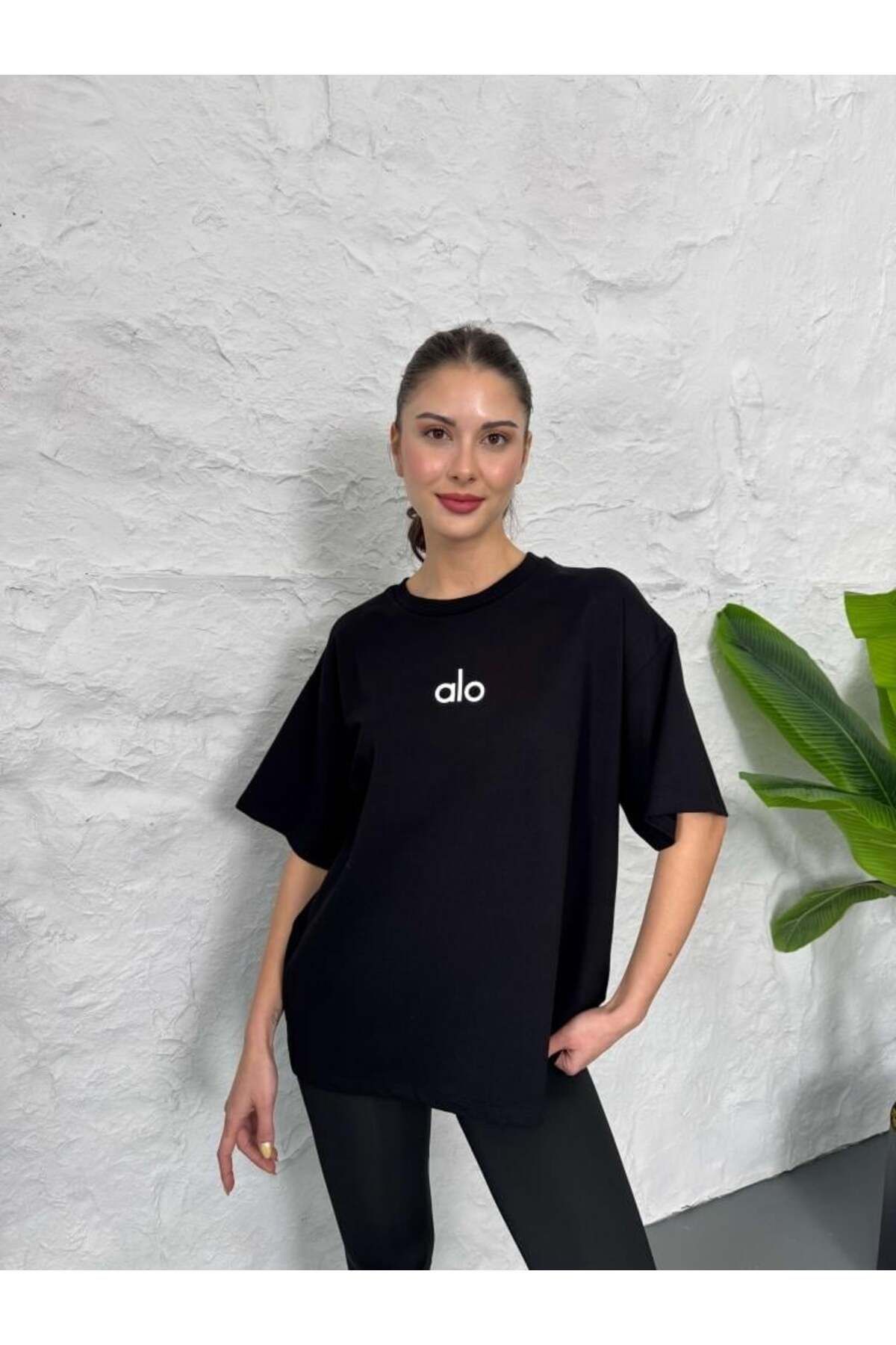 YouLikeButik Basic T-Shirt with Text Detail on the Front-Black