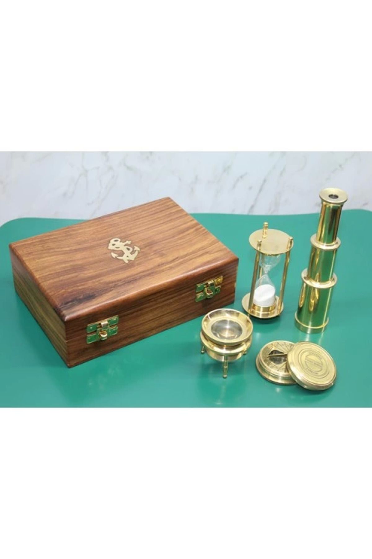 MELFSHOP Ahşap Kutulu Dürbün, Kum Saati, Büyüteç, Pusula Seti