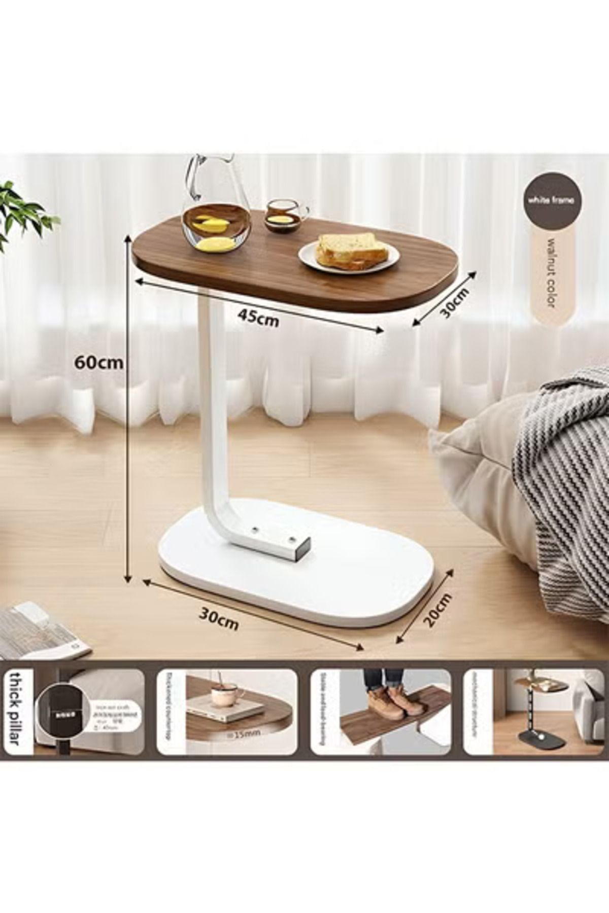 Taimi-C-Shaped Side Table Elegant Design with Metal Frame,45x30x60cm - Brown Color With White Frame 2