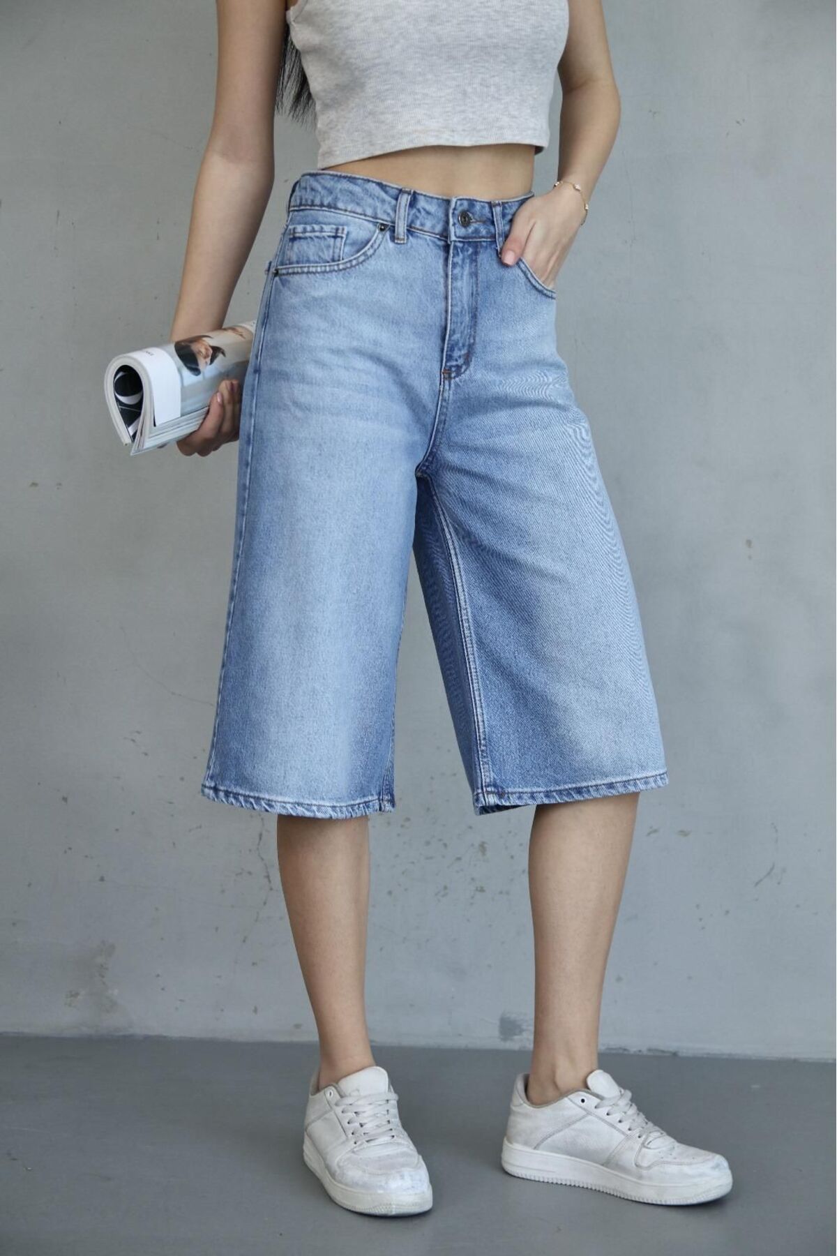 DENİKK-Trend Tint Washed Distressed Effect Baggy Jean Denim Bermuda Roller Shorts 6