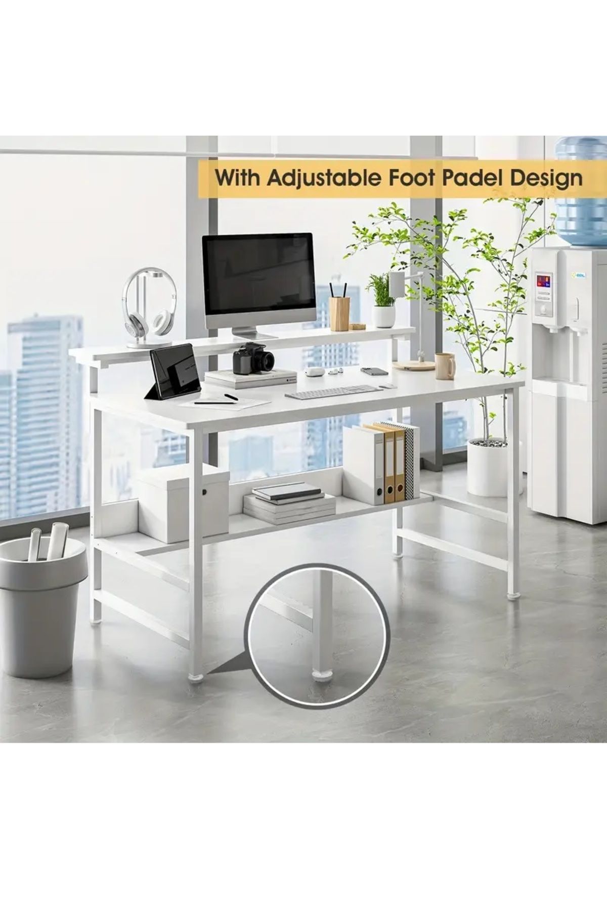DDF-3-Level Computer Desk with Main Shelf + Upper Shelf + Lower Shelf With Lower Mounting Bases 2