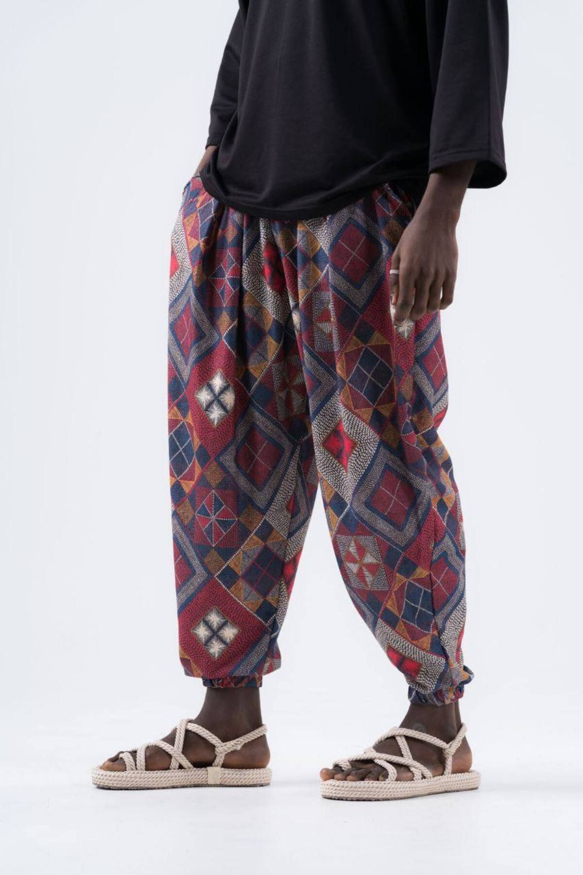 SUPERBLUE-Men's Ethnic Pattern Summer Wrinkle Baggy Trousers 3