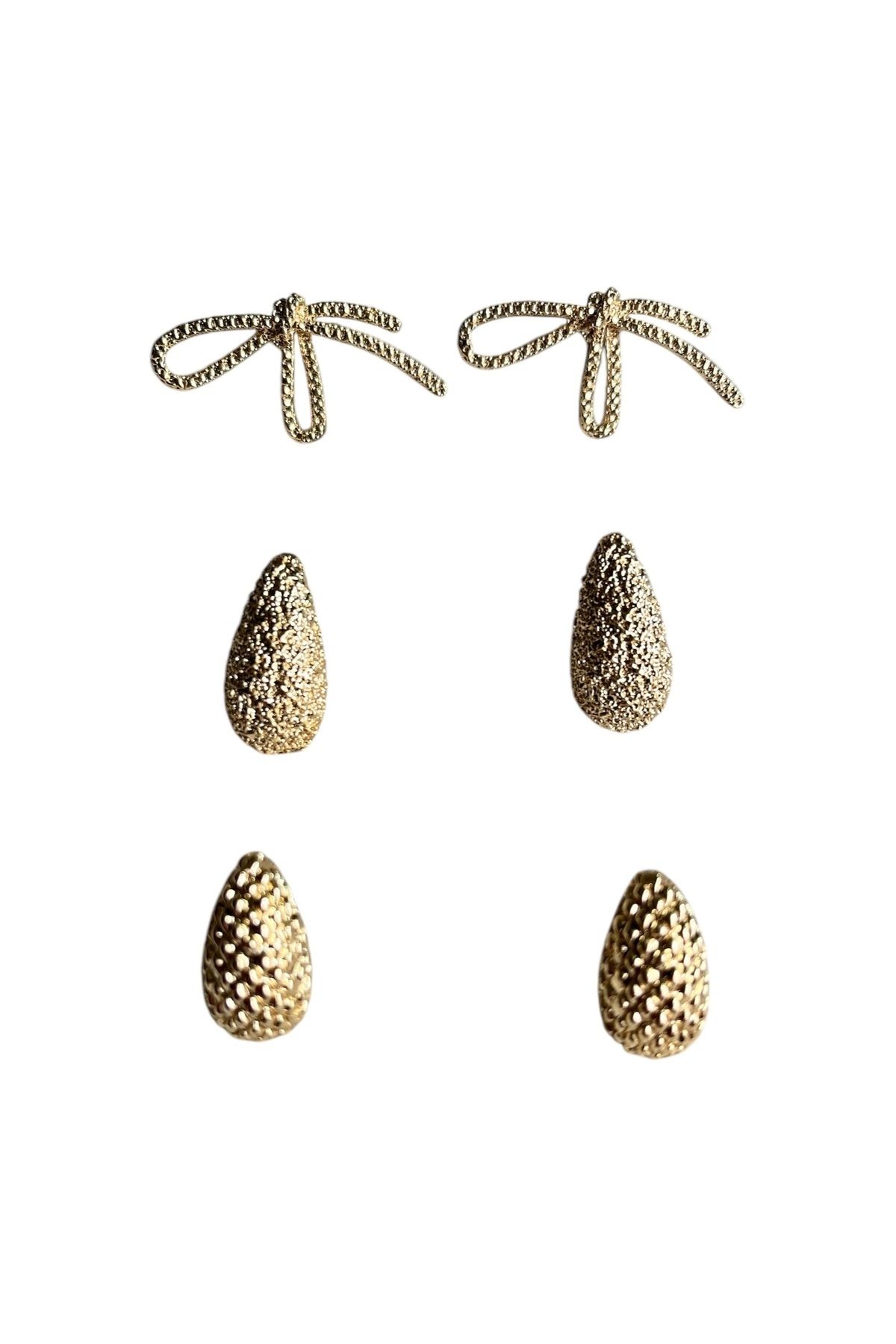 stravis-Gold Color Textured 3-Piece Earring Set 1