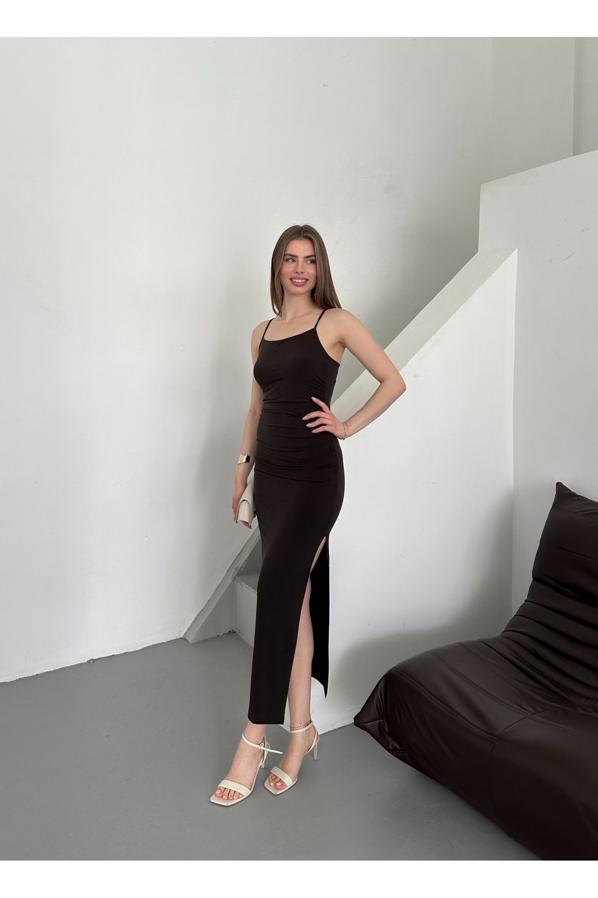 FEWTİNT-Midi Dress with Side Drapes and Slits, with Adjustable Straps. 7