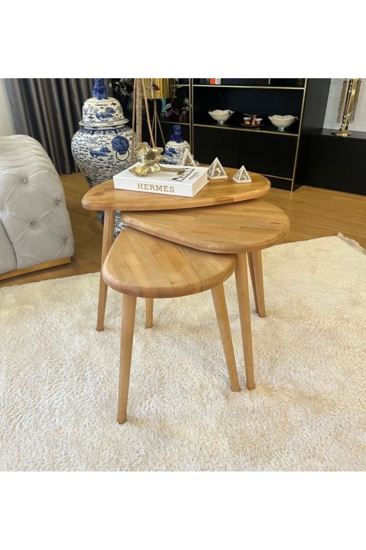 Dekormo Masif Doğal Ahşap Zigon Sehpa 3'lü Set, Modern Masif Yan Sehpa