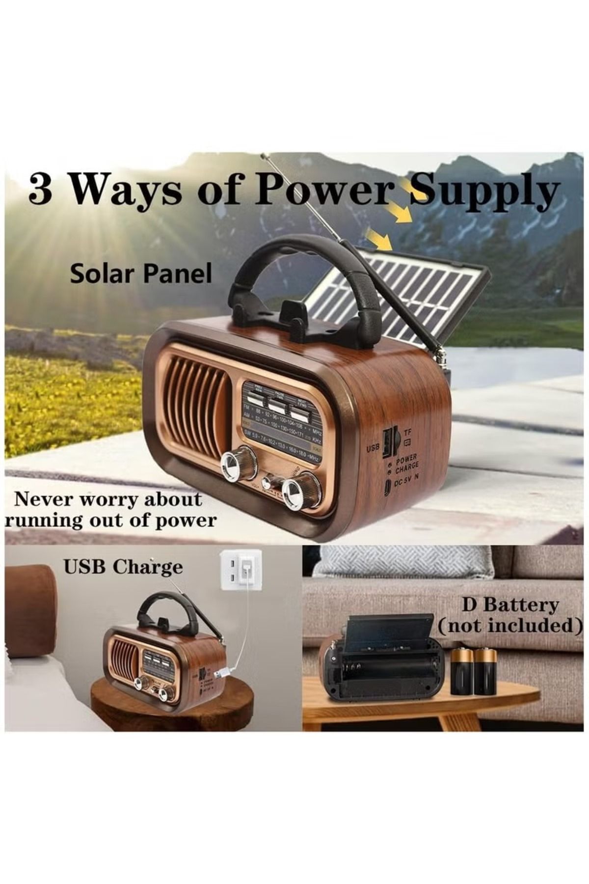 Denx-Classic Rechargeable Radio With Led Flashlight, Portable Radio With Best Sound, Solar Powered Radio 4