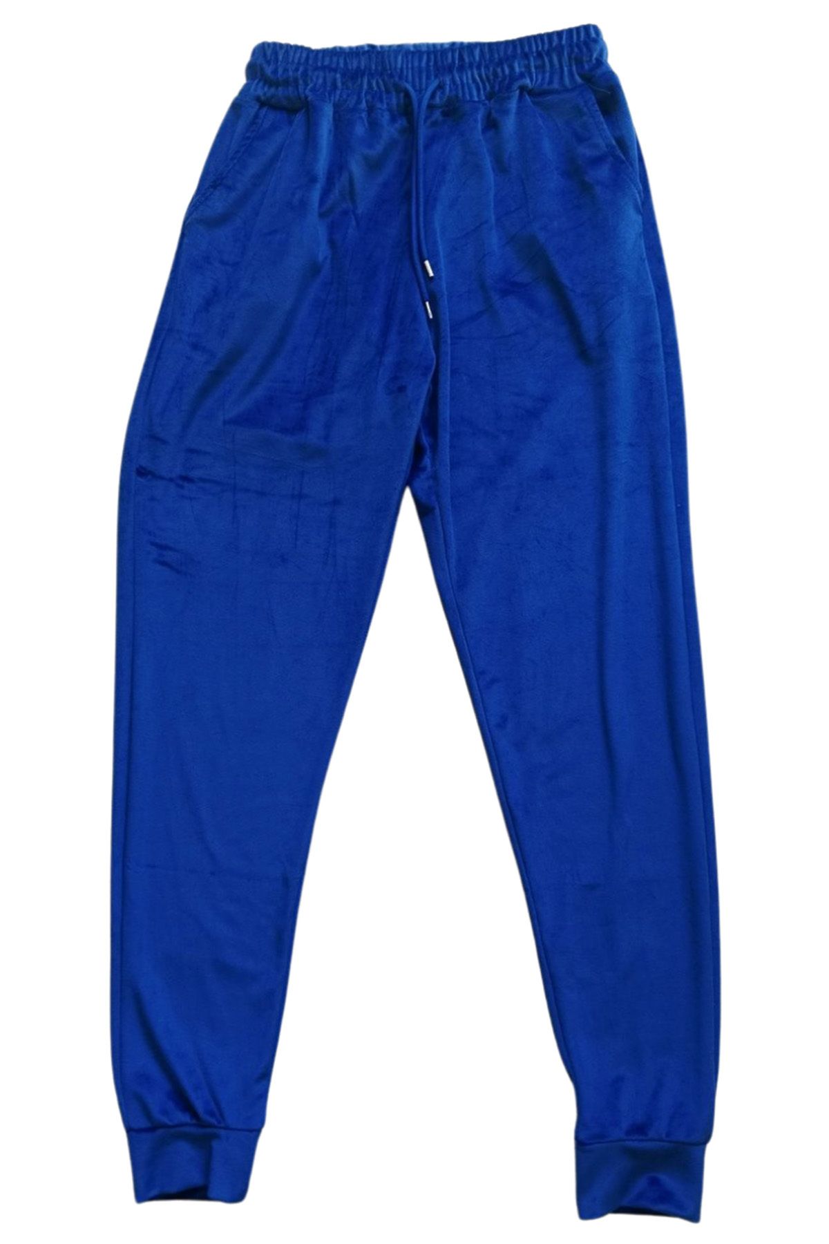 Shop58 Parlak Kadife Cepli Pantolon Eşofman Pijama Altı Unisex Lastikli Paça Mavi