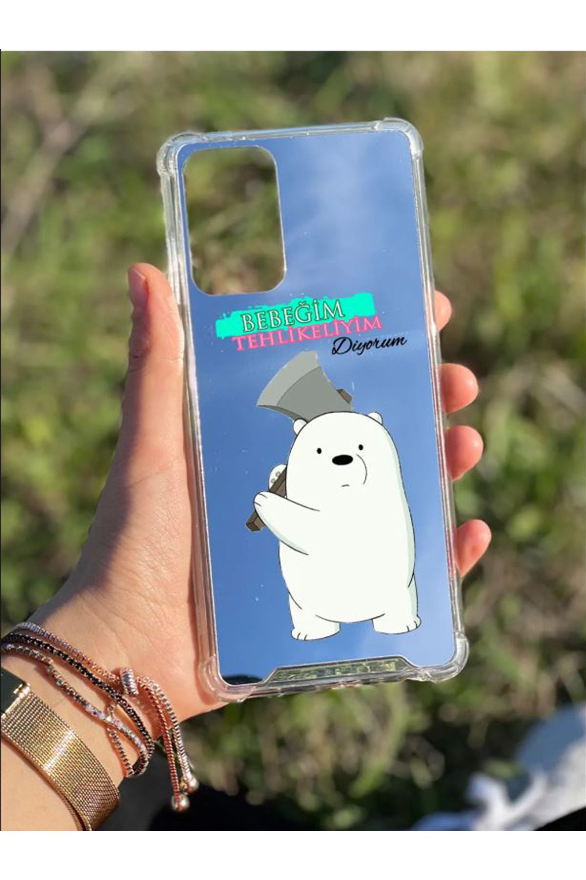 PERAX Samsung Galaxy M54 Uyumlu Gümüş Ayna Baskılı Tehlikeli Ayı Desenli Kamera Korumalı Telefon Kılıfı