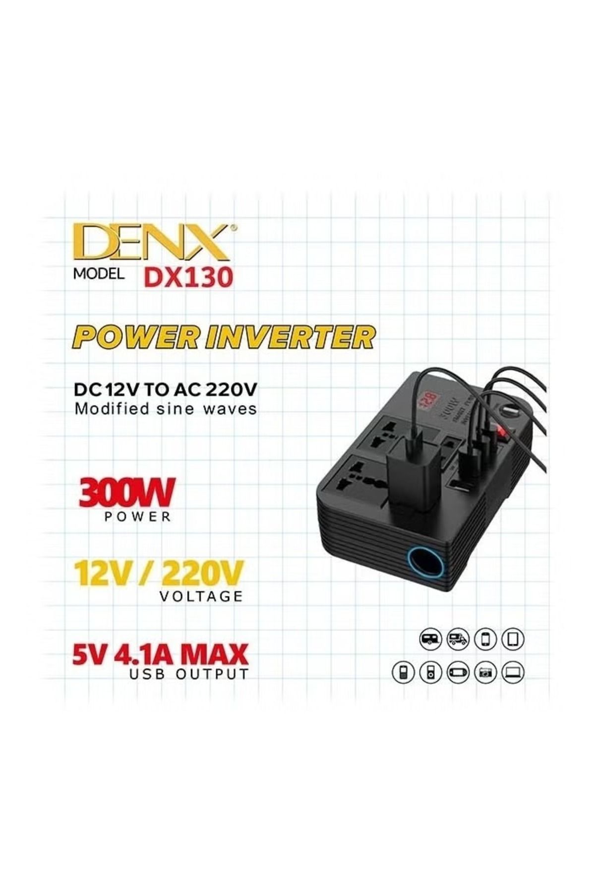 Denx-Car Power Inverter, 12V to 220V High Frequency Modified Sine Wave Inverter 300W Multi-Port 7