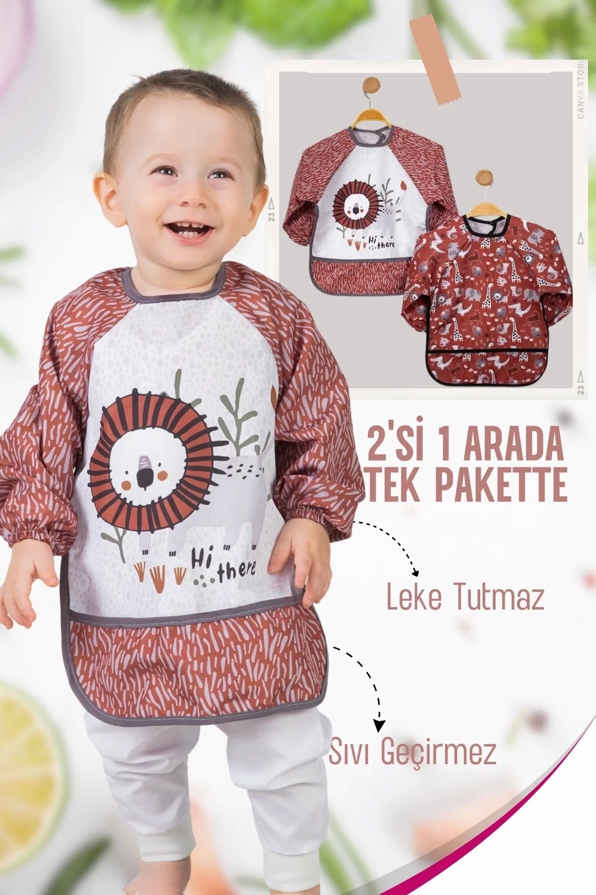 FTT SHOPPING MARKET Safari Aslan Desenli 2'li Kombin Kollu Mama Önlüğü