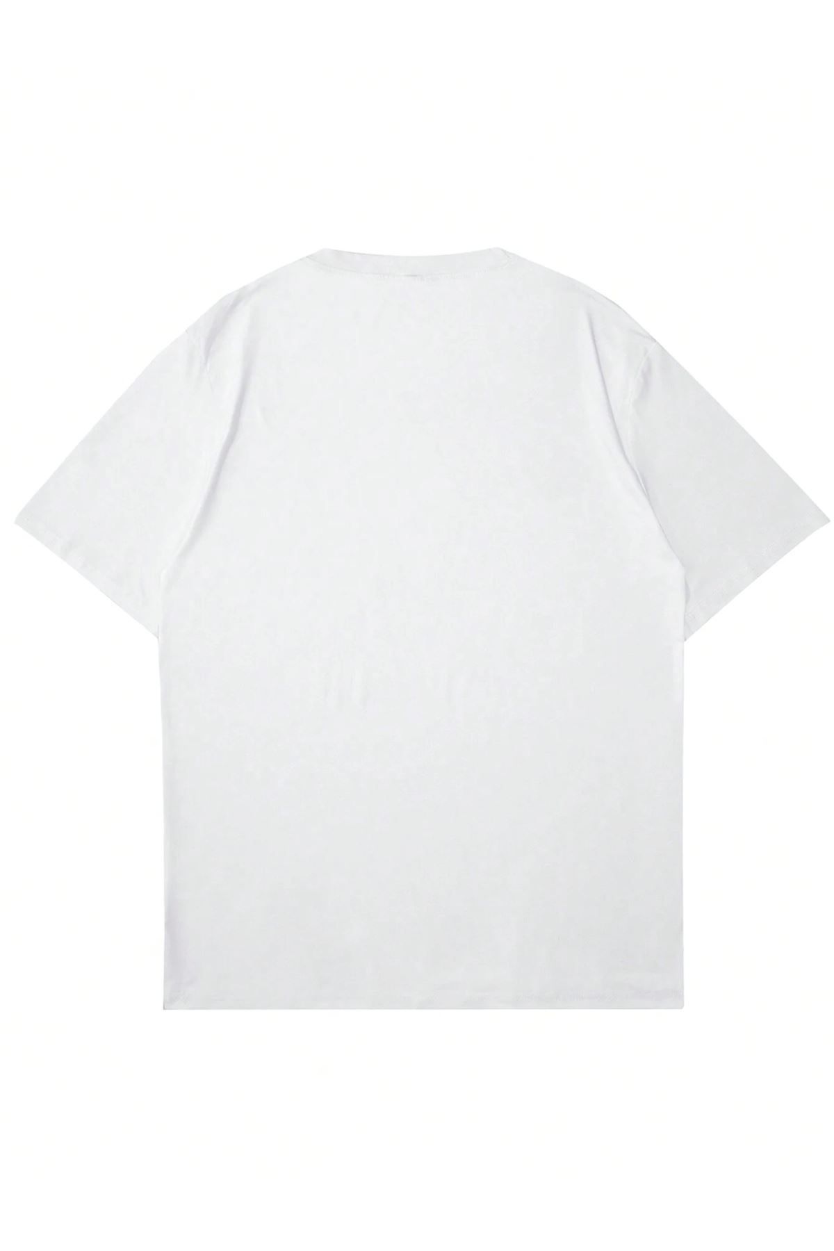 DUBU BUTİK-Victory Printed Single Jersey White T-Shirt - Oversize Crew Neck T-Shirt 2