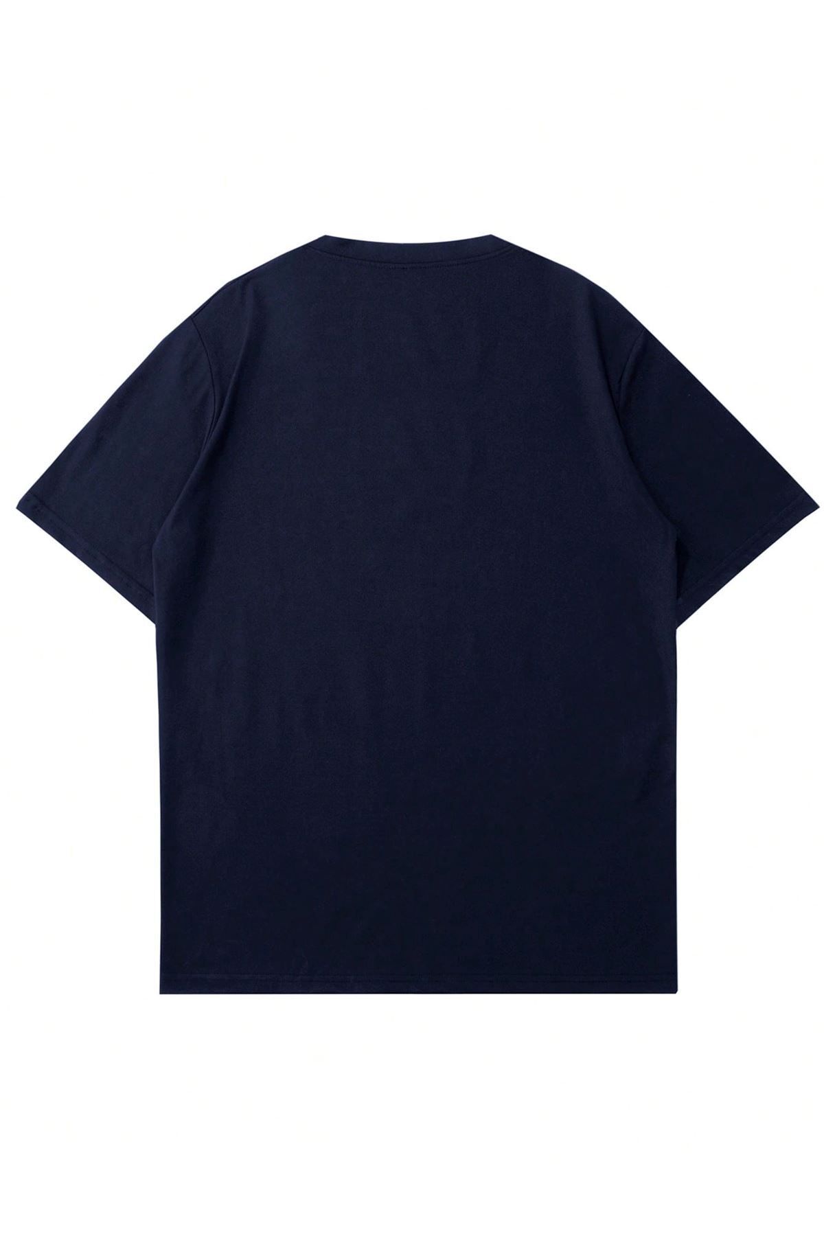 DUBU BUTİK-Victory Printed Single Jersey Navy Blue T-Shirt - Oversize Crew Neck T-Shirt 2