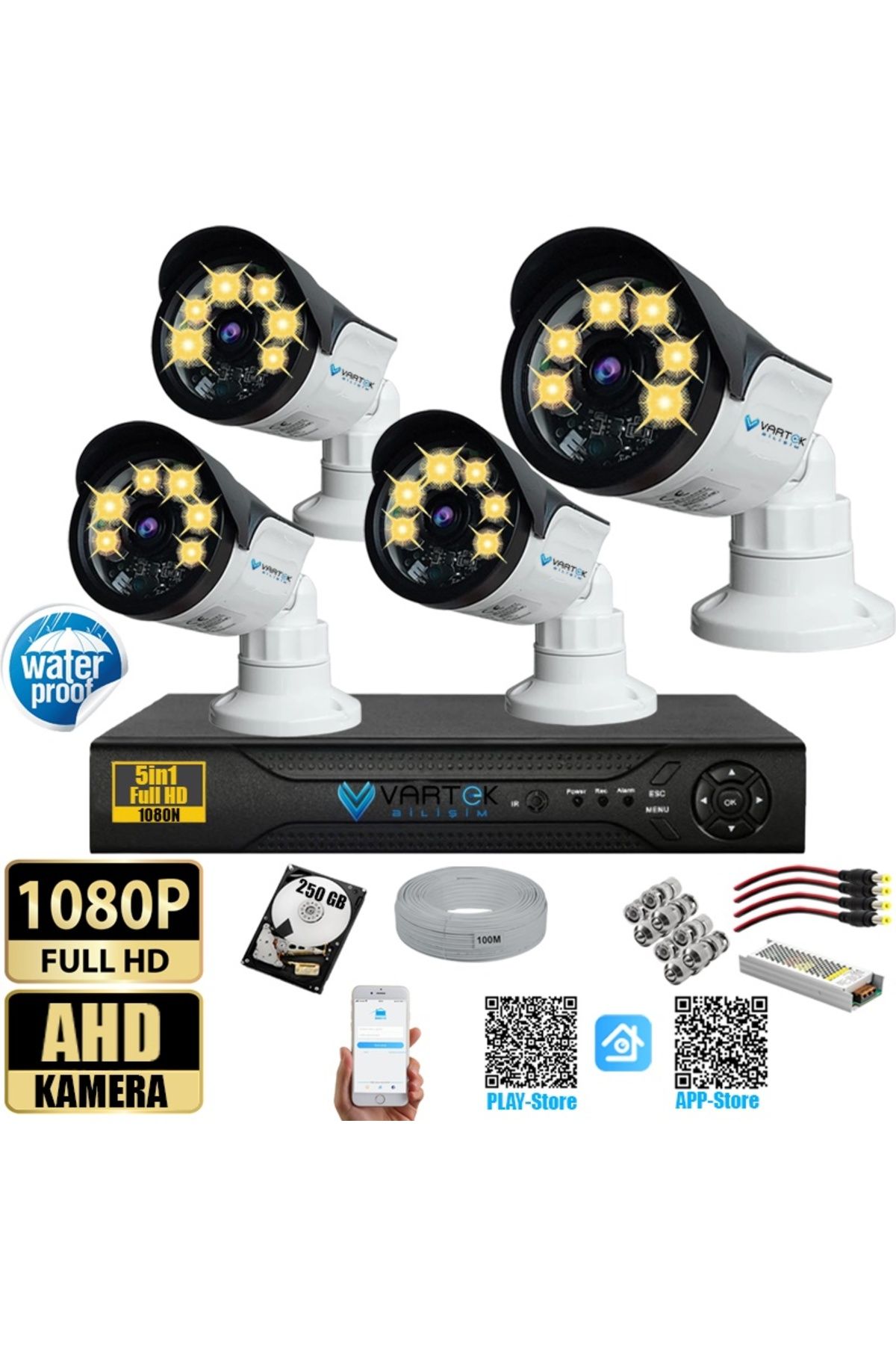 VARTEK BİLİŞİM 4 Kameralı Set 250 Gb Hdd Full Hd Gece Görüşlü Güvenlik Kamerası Sistemi-Sabit İp Gerektirmez-