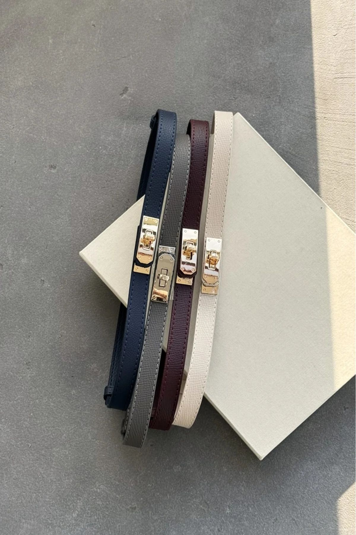 LEONAS-Women's Burgundy Belt with Adjustable Gold Lock Buckle 4