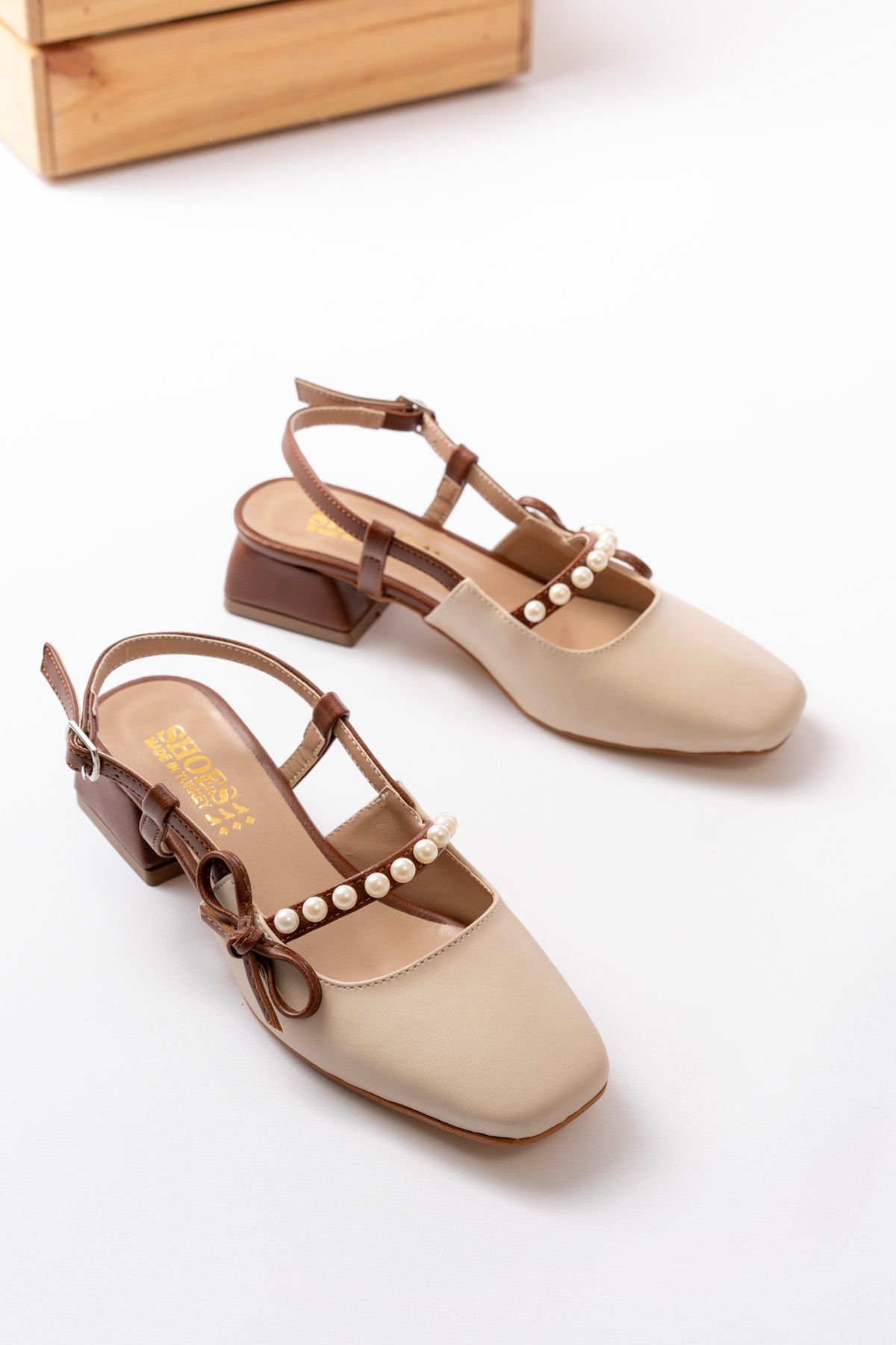 FOLLOWIN-Women's Cream-Tan Open Back Square Toe Short Heel Bow Detailed Pearl Heeled Shoes 4