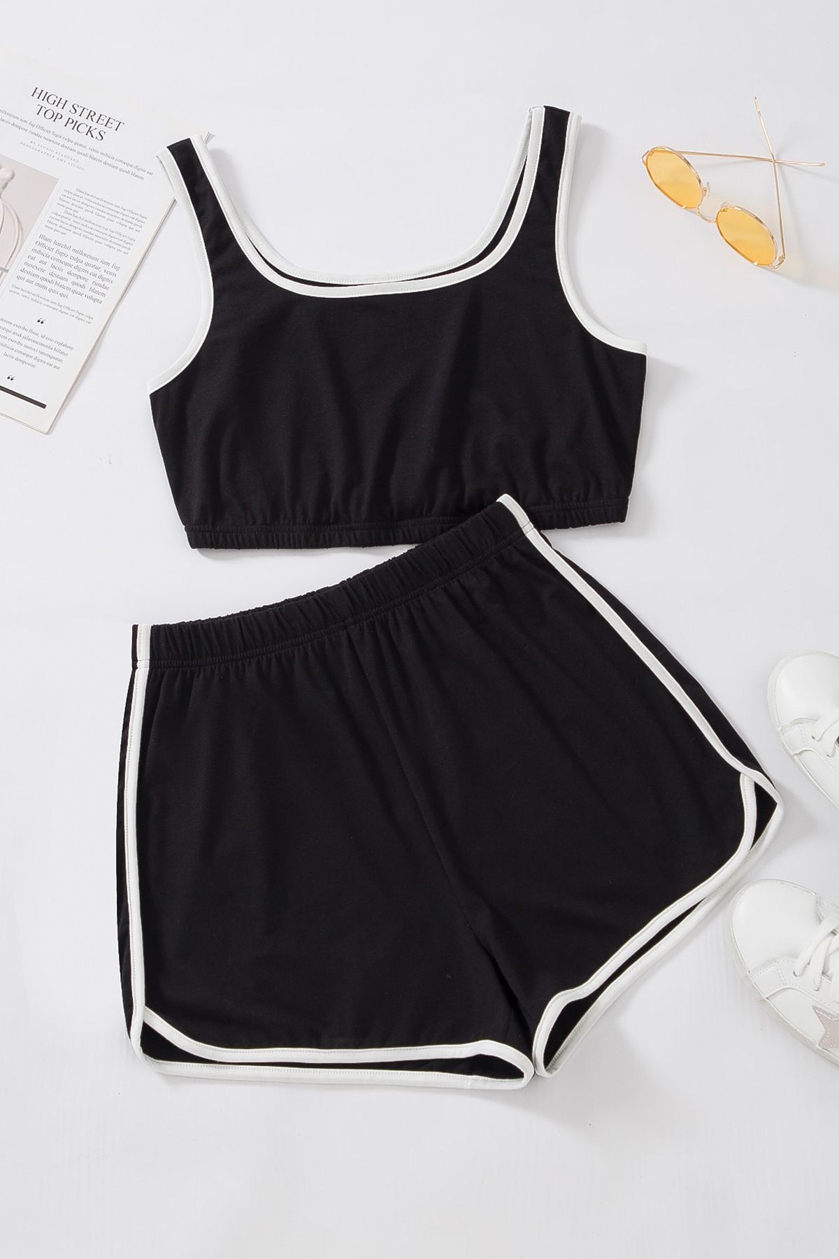 Fashi10 Kadın Siyah Askılı Crop Top ve Şortlu Gecelik Takım