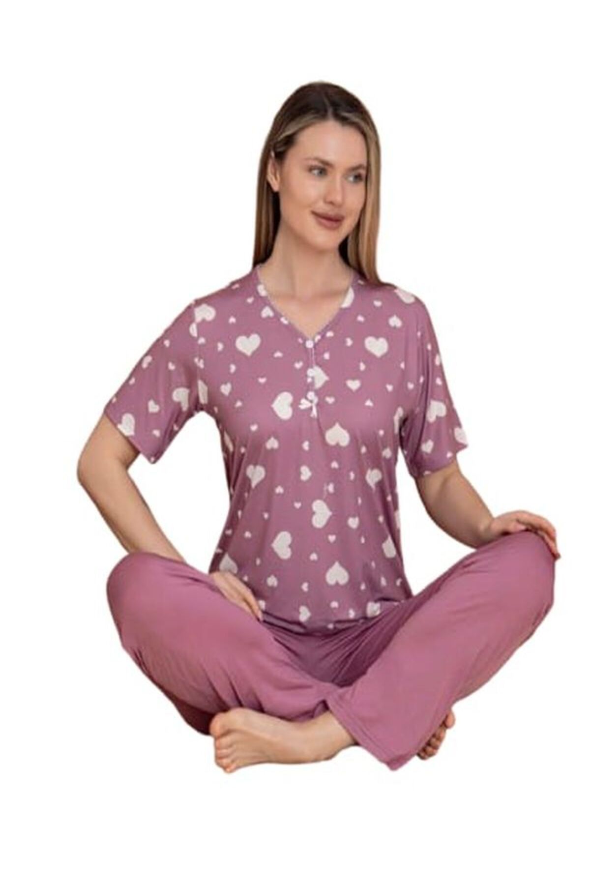 Manolya-Women's Milan Fabric Half Button Purple Heart Patterned Short Sleeve Pajamas Set 1