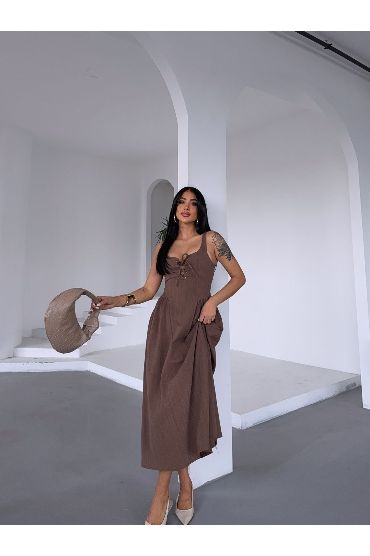 R&G RIMANERE GIOVANI-Women's Lace-Up Chest Detailed Summer Midi Dress 4