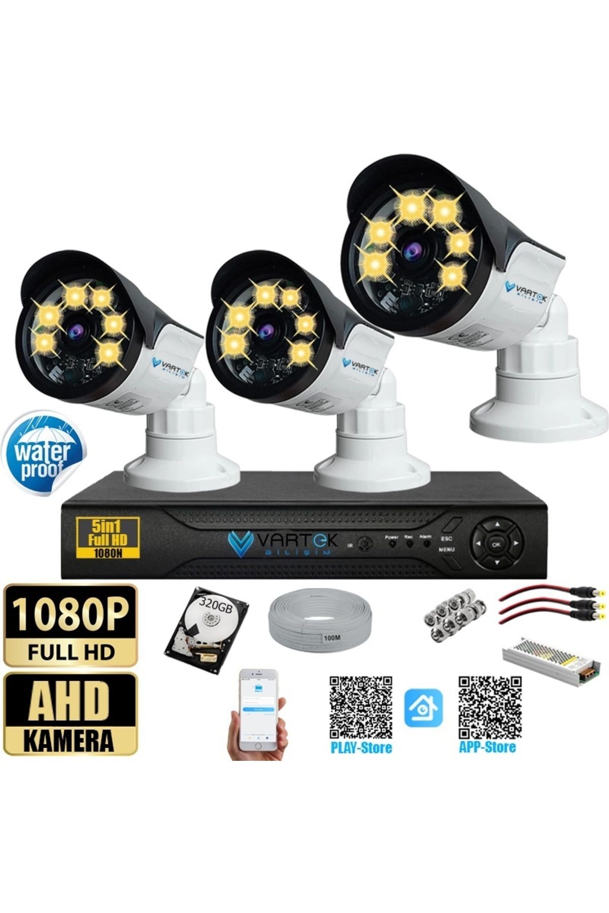 VARTEK BİLİŞİM 3 Kameralı Set 320 Gb Hdd Full Hd Gece Görüşlü Güvenlik Kamerası Sistemi-Sabit İp Gerektirmez-