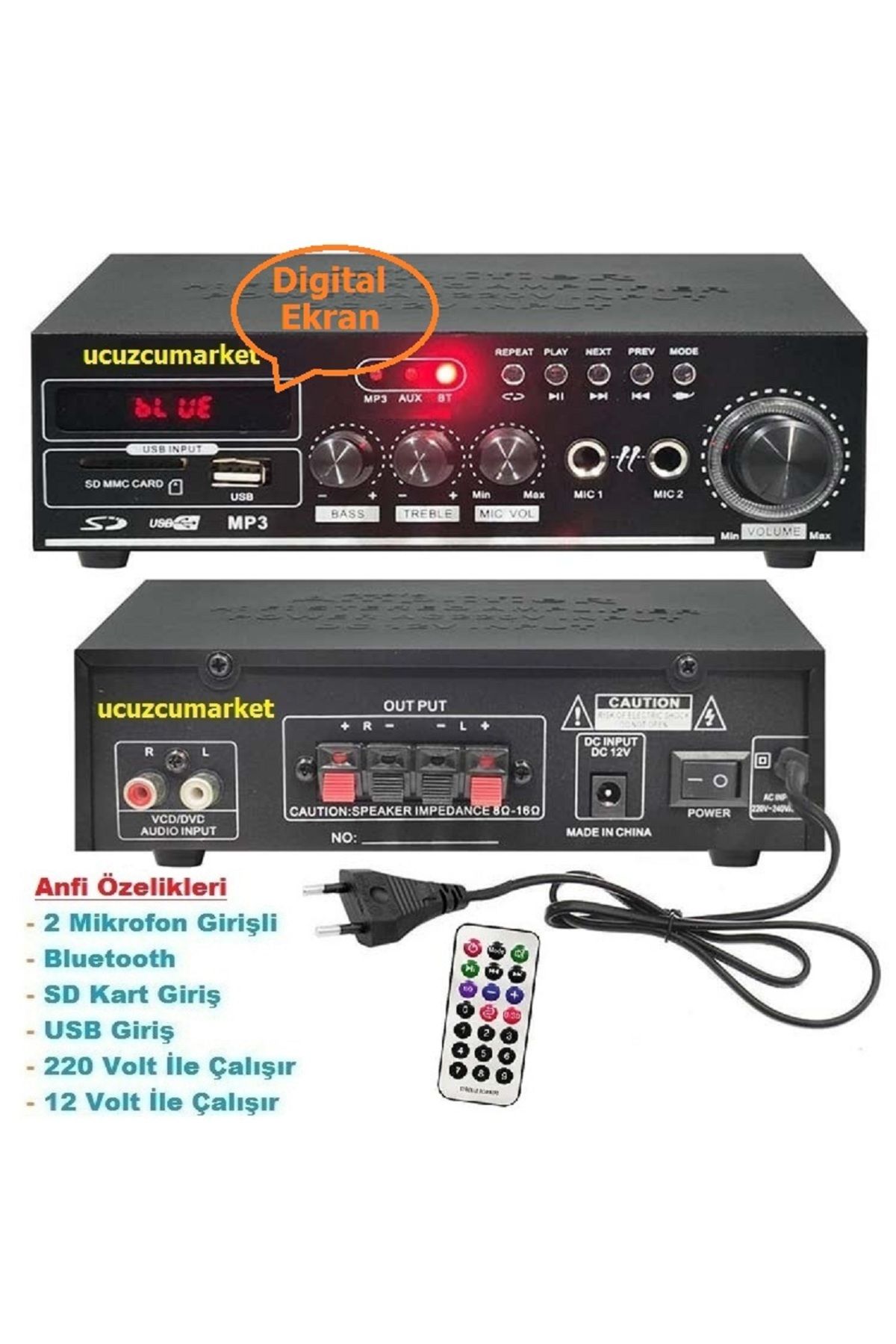 Kalite Amfi 110W (Bluetooth USB-SD Kart-Mp3-Çalar-2 mikrofon Giriş-12V/220V)
