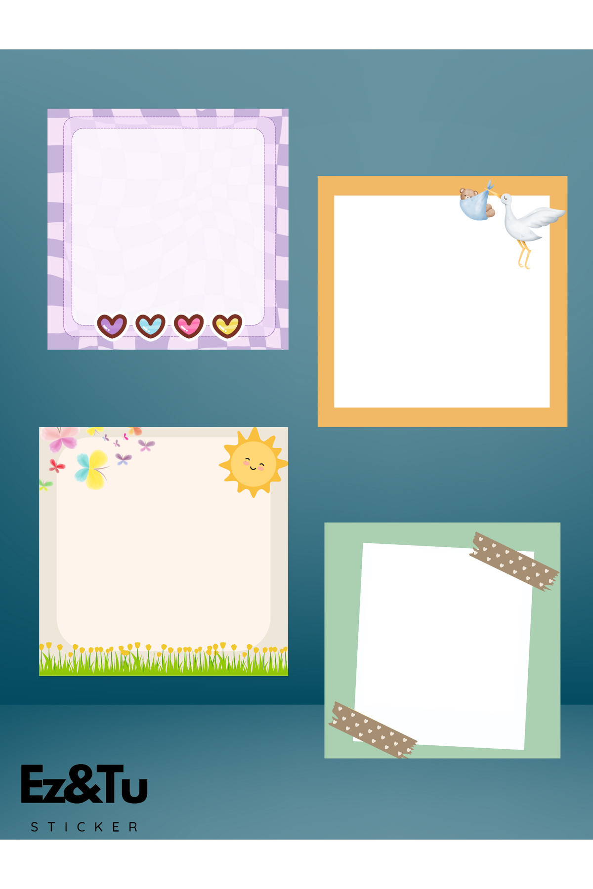 Ez&Tu Stıcker 8x8 Desenli 4 Lü Set Memopad Bloknot Planlayıcı Sevimli Güneş Mor Kalp Leylekli