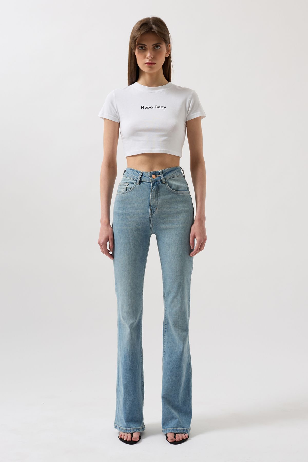 Black Fashion-Blugi de bază skinny albastru deschis cu talie înaltă 2