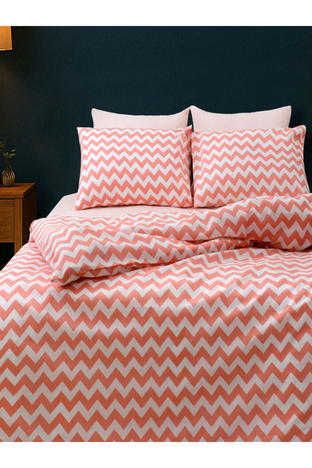 ENESSA-Single Duvet Cover Set with Elastic Sheets Orange Zigzag Pattern 160*220 cm 1