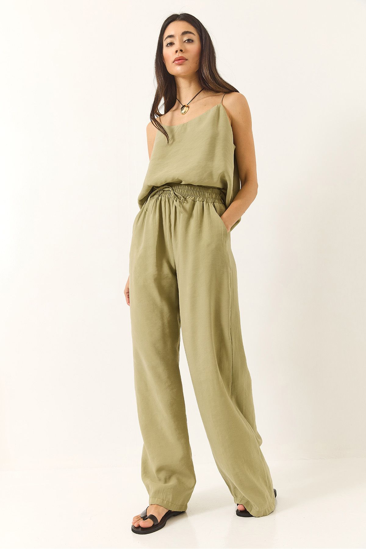 Bianco Lucci-Women's Strappy Woven Modal Blouse Pants Top and Bottom Set 9298 60281024 4