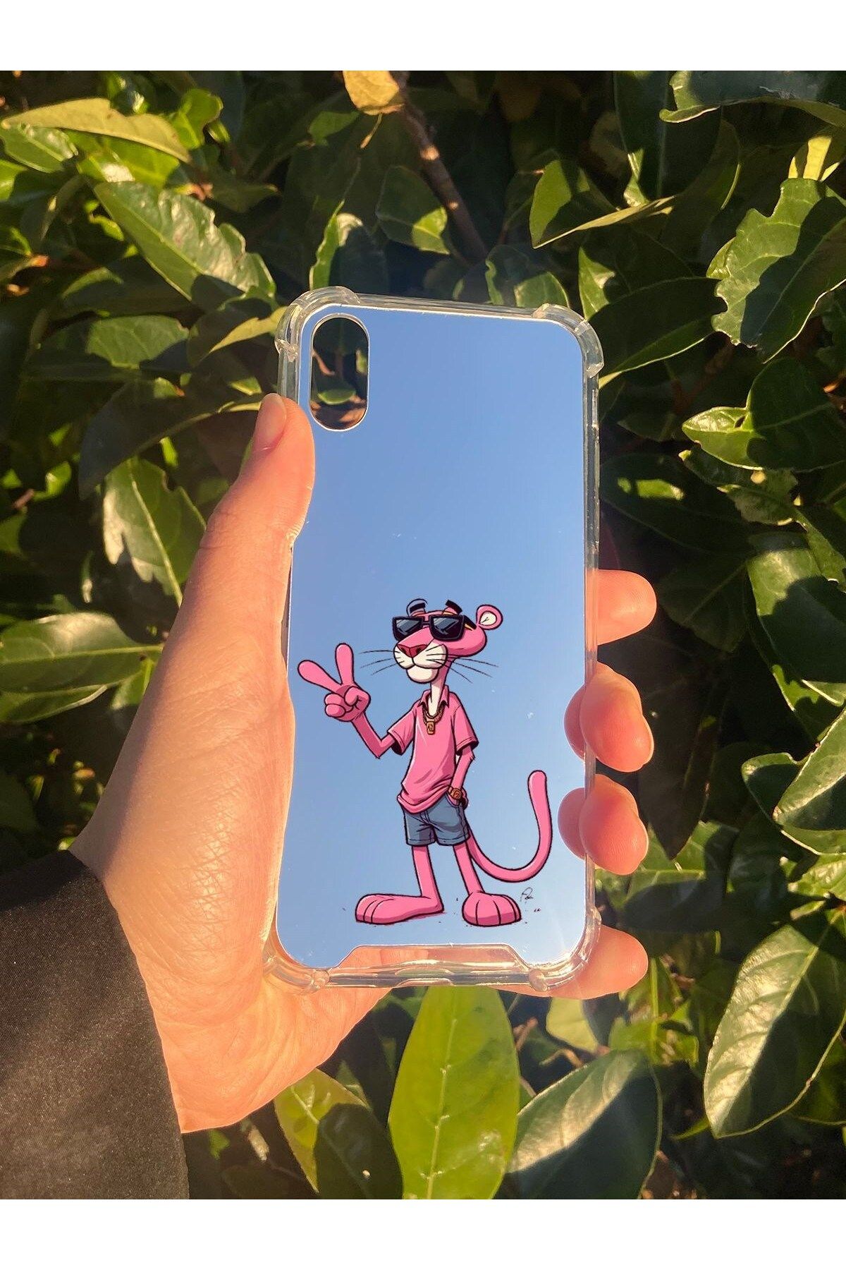 blueb İphone X Uyumlu Aynalı Pembe Panter Desenli Darbe Kamera Korumalı Silikon Telefon Kılıfı
