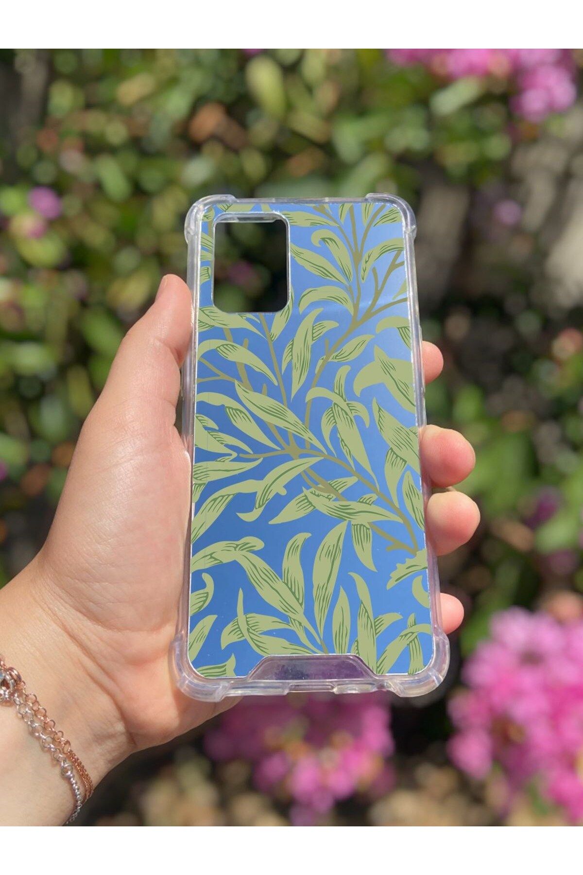 mivento Oppo A74 Uyumlu Aynalı Yeşil Yaprak Desenli Darbe Kamera Korumalı Silikon Telefon Kılıfı