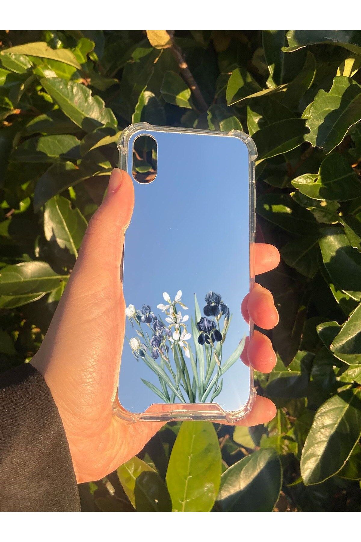 mivento İphone Xs Uyumlu Aynalı Mor Beyaz Desenli Darbe Kamera Korumalı Silikon Telefon Kılıfı