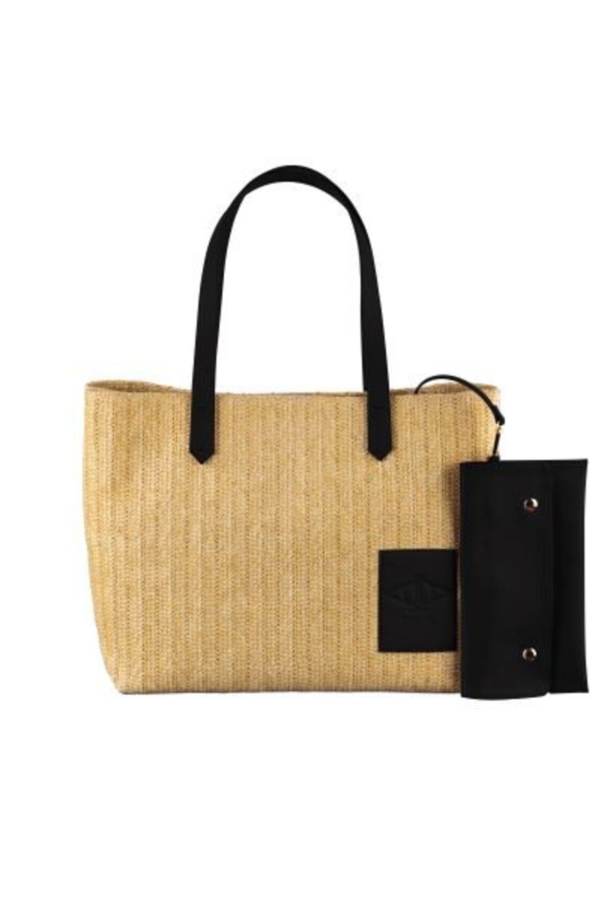 dellel-Schwarze Stroh-Umhängetasche, bedrucktes veganes Leder, abnehmbare Tasche, geräumige und stylische Handtasche 1