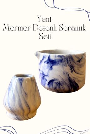 Mim and More Mavi Mermer Desenli Seramik Matcha Seti