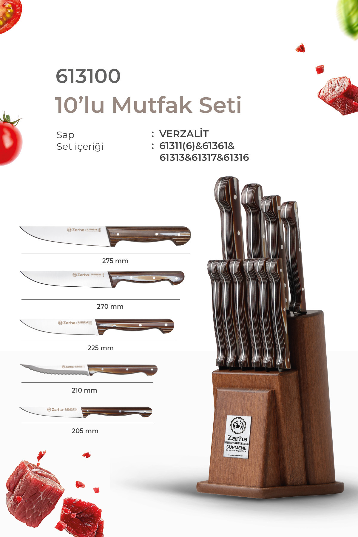 SÜRKARBİSA Zarha 10'lu Mutfak Bıçak Seti / Verzalit / Çelik