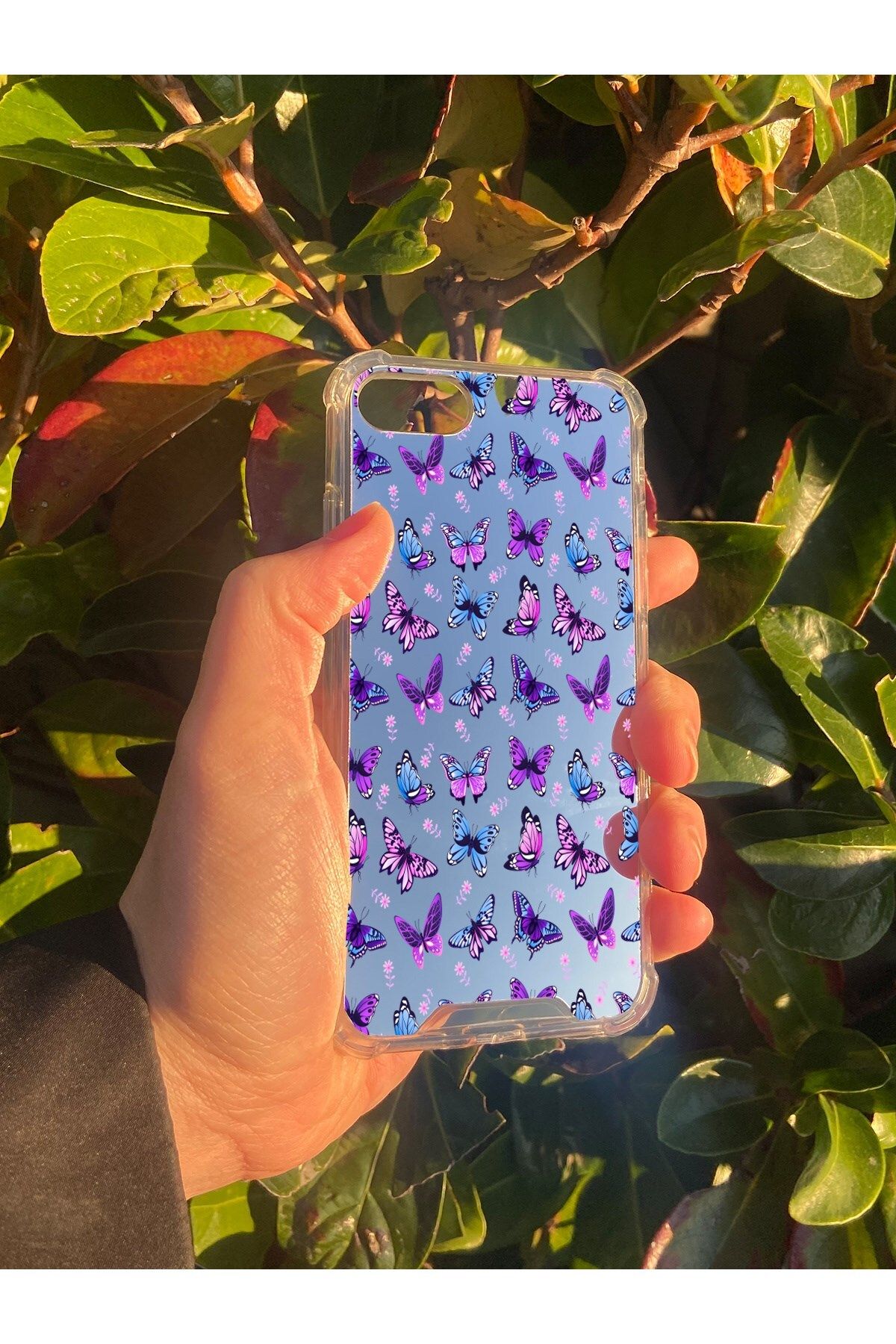 blueb İphone SE Uyumlu Aynalı Kelebek Desenli Darbe Kamera Korumalı Silikon Telefon Kılıfı