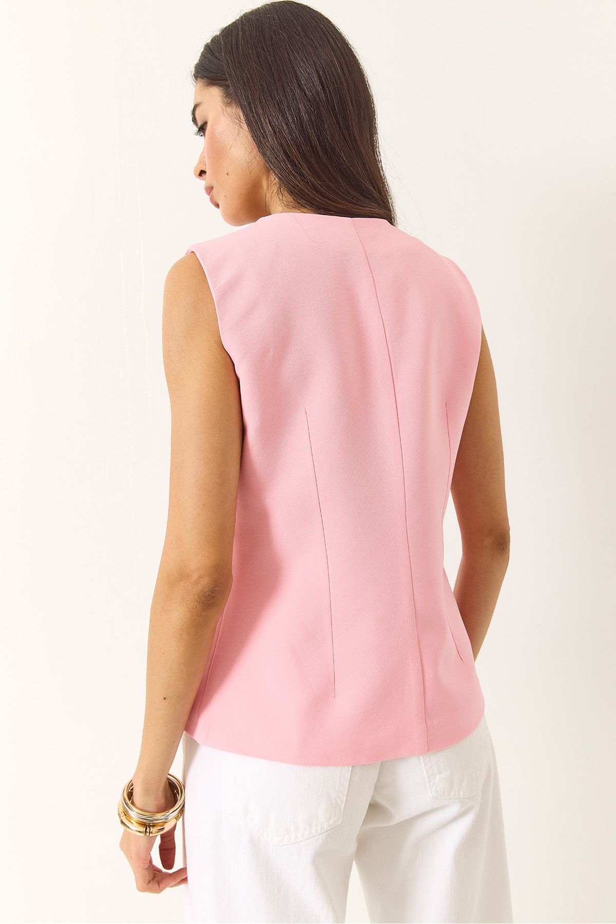Bianco Lucci-Women's Regular Bisilet Collar Gold Button Detailed Lined Woven Vest 9005 60283150 6