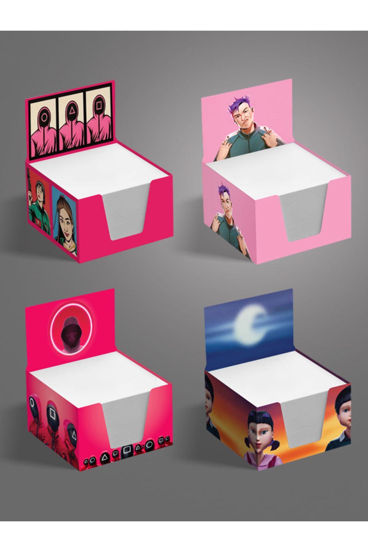 AYKUT OFSET-Set of 4,Squid Game Designed Cube Memo Pad,Boxed Block Note,Note Paper,Note Holder,Cube Notepaper 500Pcs,8X8 6