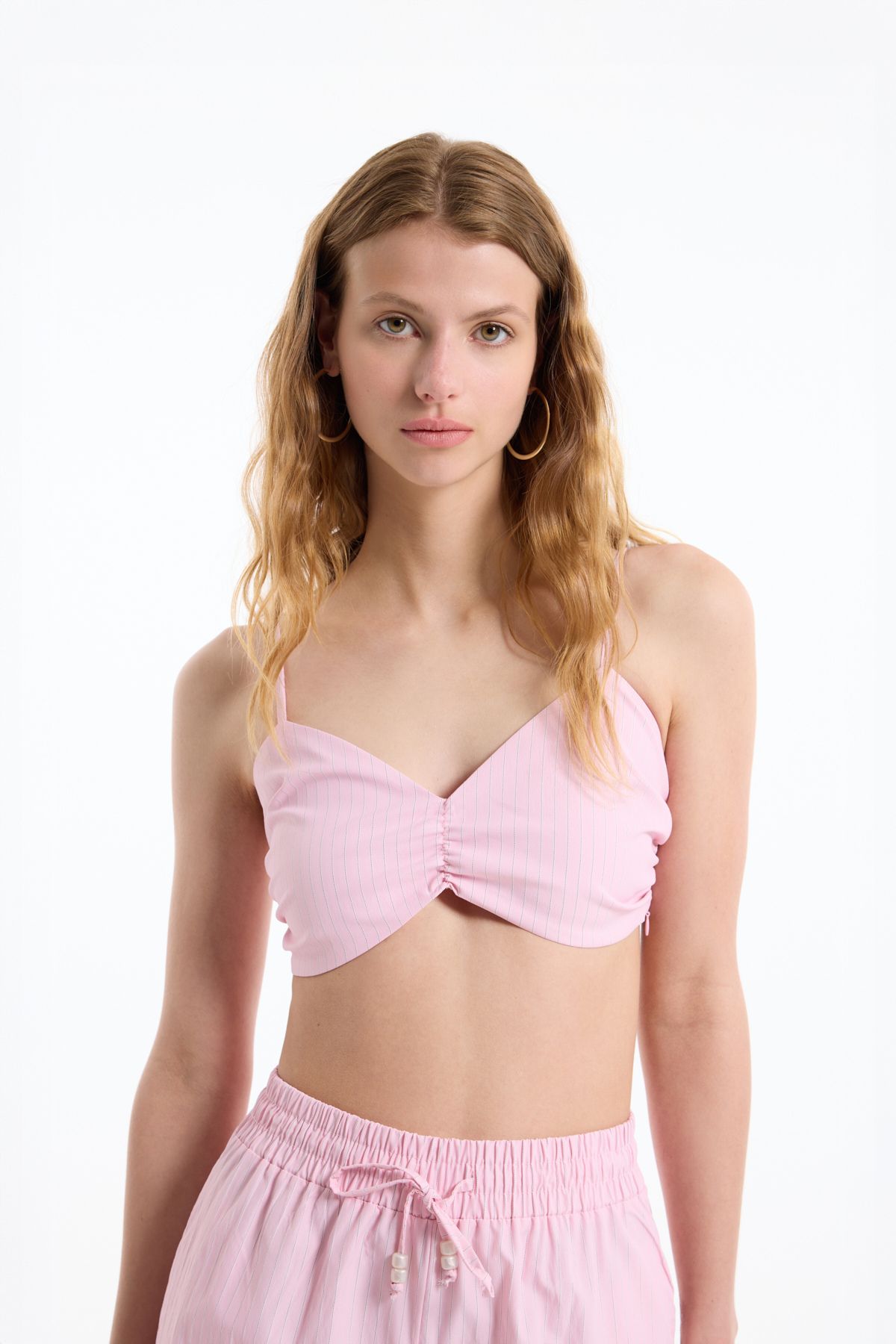 Quzu-Pink Beaded Strappy Striped Bustier Blouse 1