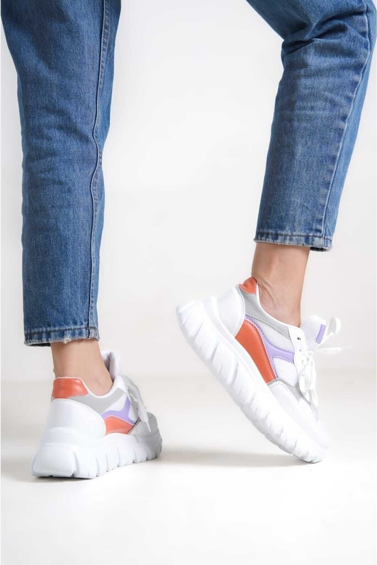 BİKAJOO Kadın Beyaz Mor Bağıcıklı Fileli Günlük Sneaker Spor Ayakkabı BKJ0474