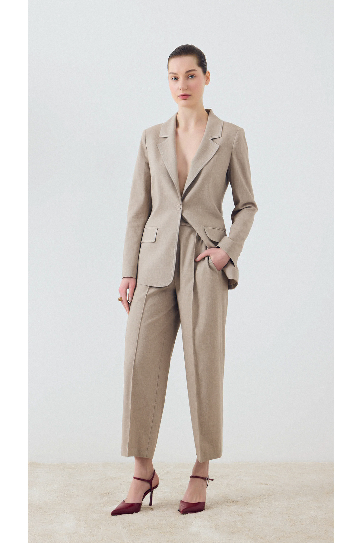 yakestore-Linen Blend Single Button Jacket and Pants Set 2